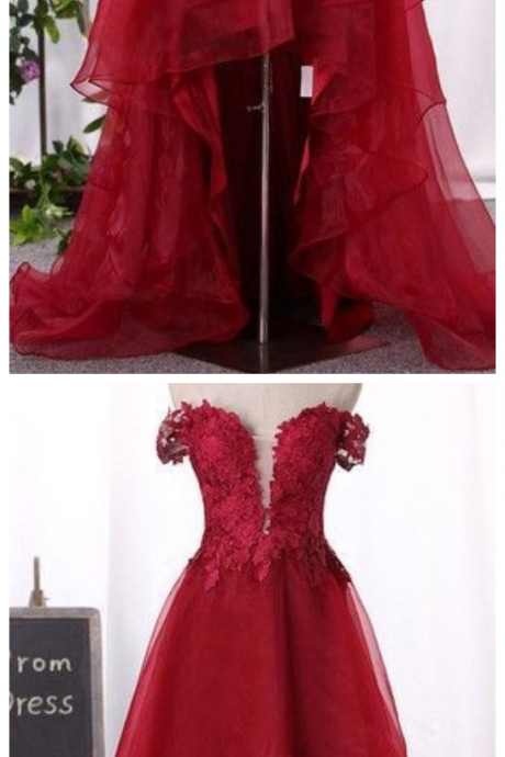 Off-the-shoulder Organza Asymmetrical Appliques Lace Prom Dresses