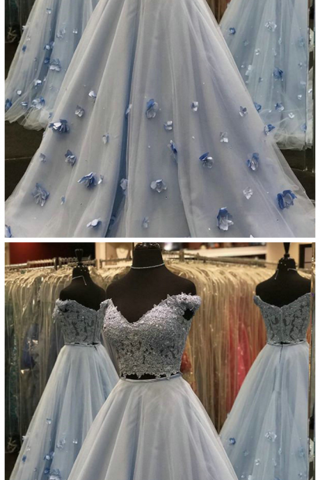 Tulle Two Piece Prom Dresses,light Sky Blue Prom Dresses