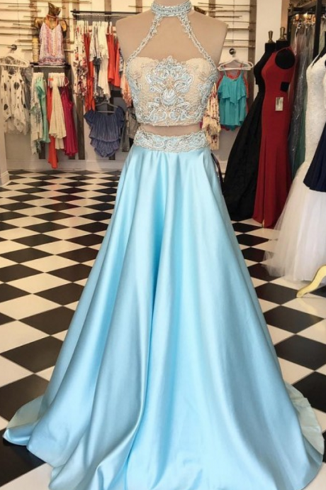 Light Blue Prom Dress, High Neck Prom Dress, A Line Prom Dress, Satin Prom Dress, Simple Prom Dress, Elegant Prom Dress, Prom Dress,