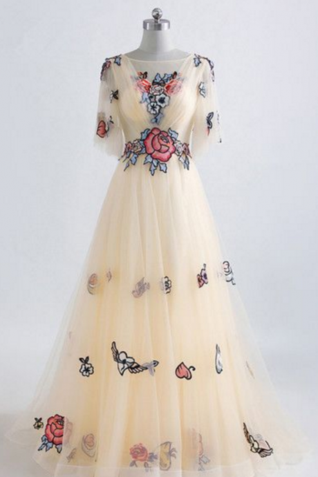 Champagne Floral Print Lace Appliques Floor Length Prom Dress