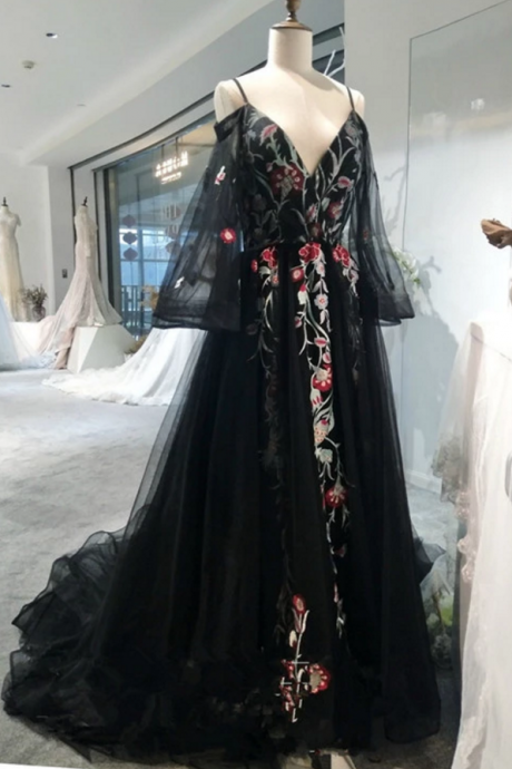 Black Long Sleeves Floor Length Formal Dress, Charming Party Dress