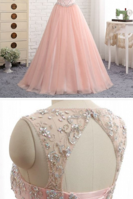 Sexy Open Back Prom Dress, Scoop Neckline Blush Pink Evening Dress, Beaded Tulle Party Dress, Evening Dresses