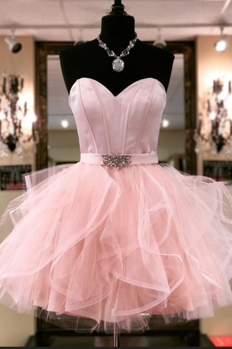 Sweetheart A-line Homecoming Dress,ruffled Homecoming Dresses Tulle Mini Cocktail Dresses, Beaded Belt Pink Short Cocktail Party Dresses,