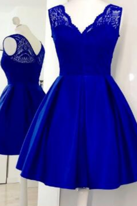 Royal Blue Satin Prom Dress,short Homecoming Dress With Lace,v-neck Homecoming Dress