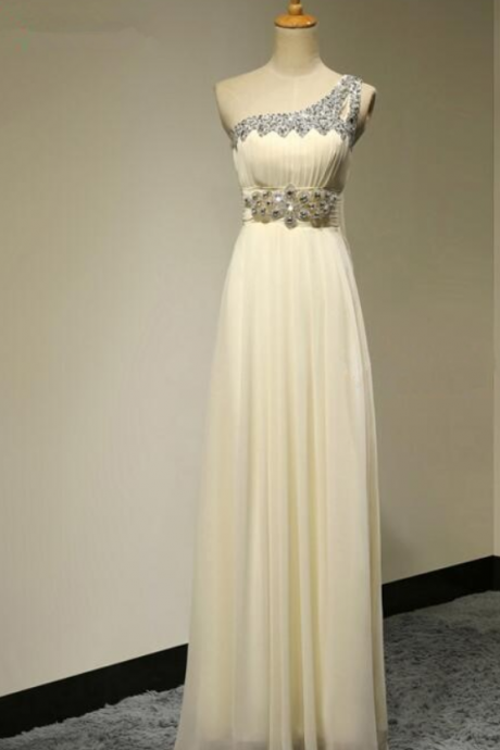 One Shoulder A-line Crystals Beadings Long Evening Party Dresses Floor Length Ribbon Chiffon