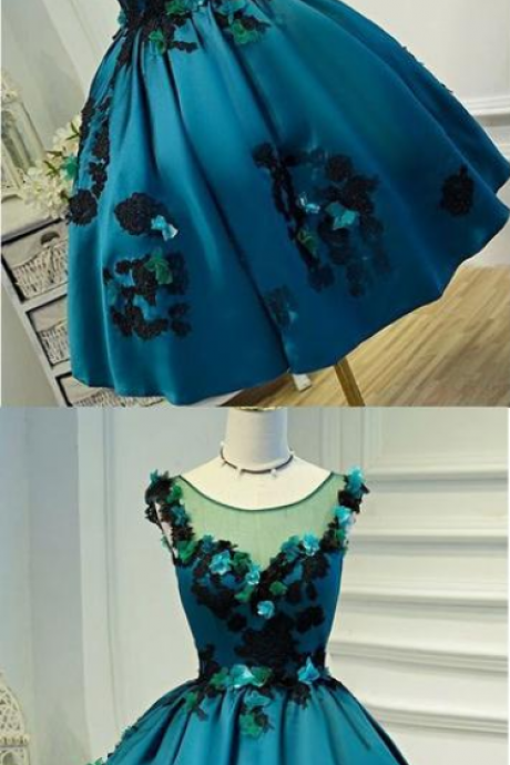 Gorgeous Short Satin Homecoming Dress With Flowers, A Line Mini Prom Dress With Appliques, Lace Up Back Short Sweet 16 Dresses