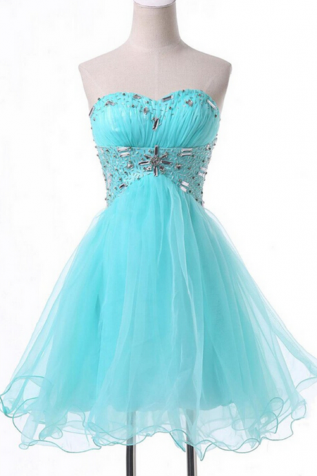 Beaded Embellished Tiffany Blue Ruched Sweetheart Short Tulle Homecoming Dress Featuring Lace-up Back And Curly Hem