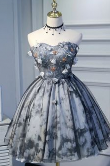 Princess Strapless Short Homecoming Dress With Flowers, Appliques Puffy Cocktail Dress
