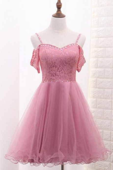Spaghetti Straps Short Tulle Homecoming Dresses With Lace Top