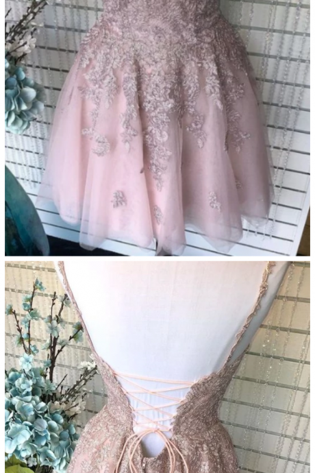 A Line Spaghetti Straps Blush Homecoming Dress With Appliques Beading