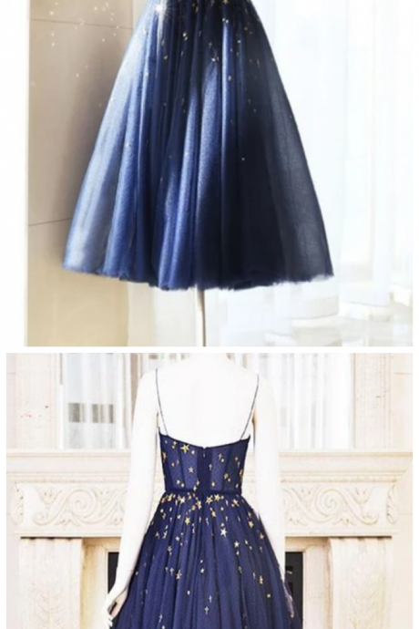 A Line Spaghetti Straps Navy Blue Tea Length Homecoming Dress With Sequins