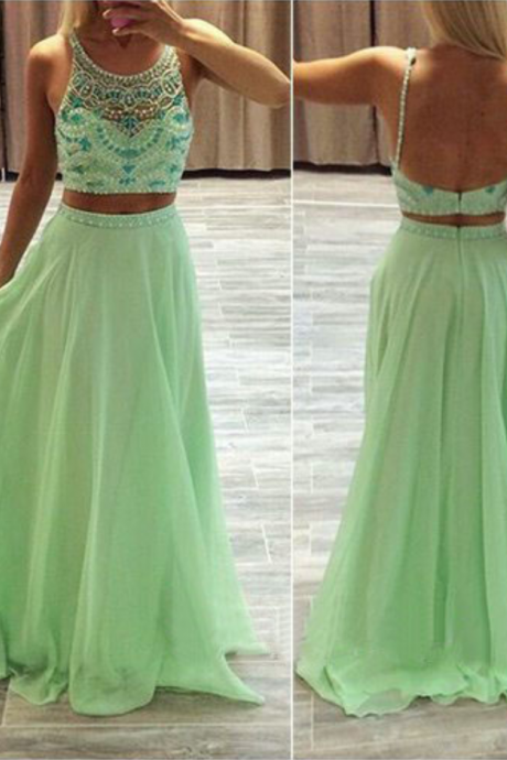 2 Piece Prom Gown,two Piece Prom Dresses,sage Evening Gowns,2 Pieces Party Dresses,chiffon Evening Gowns,backless Formal Dress,sparkly Evening