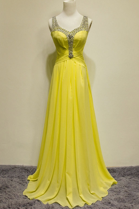 Custom Made Charming Yellow Chiffon Prom Dresses, Beading Prom Dress, Sleeveless Evening Dress