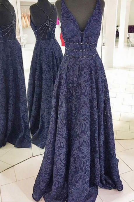 V-neck Navy Blue Lace Long Prom Dress,