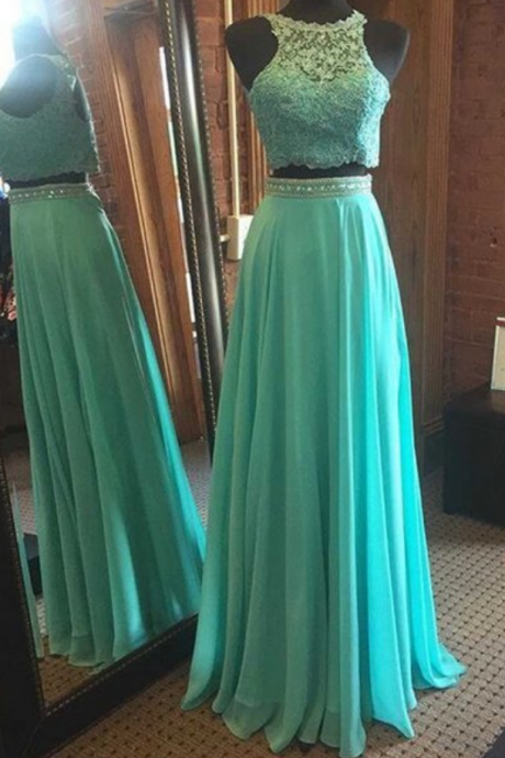 Green Chiffon Waist Beaded Prom Dresses Long A-line Two Piece Party Dresses Lace Appliques Evening Dresses Formal Gowns Open Back For Teens