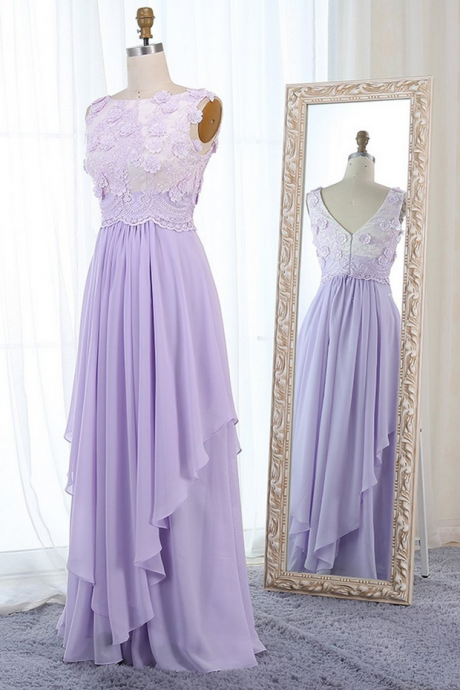 Unique Lilac Chiffon Ruffles Long Lace Applique Prom Dress