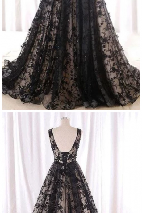 Black Round Neck Tulle Long Beads Lace A-Line Lace up Sleeveless Prom Dresses 