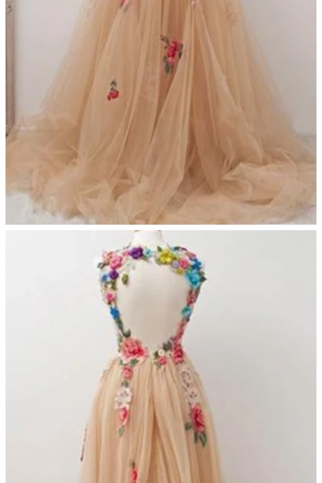 A-line High Neck Round Neck Tulle Applique Open Back Long With Flowers Prom Dresses