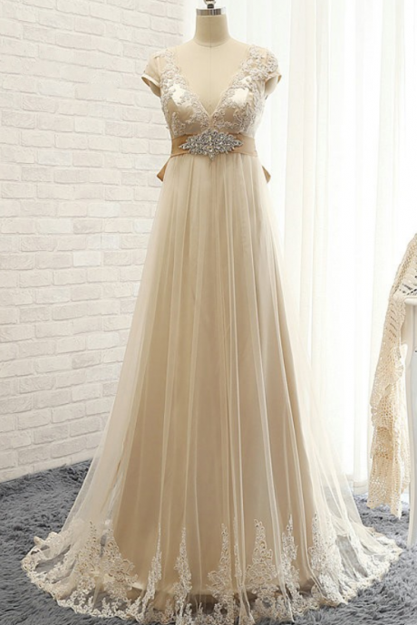 Empire V-neck Tulle Sweep Train Prom Dress,appliques Lace Bridesmaid Dresses,party Gowns , Long Prom Dresses