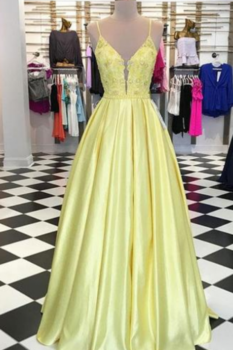 Unique Yellow Satin V Neck Party Dress, Long A Line Senior Prom Dress With Applique