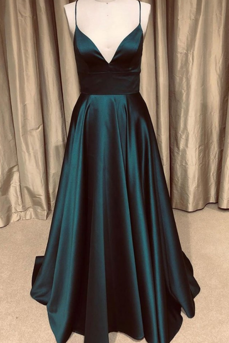 A Line V Neck Green/blue Backless Long Prom Dresses, V Neck Backless Green/blue Formal Graduation Evening Dresses