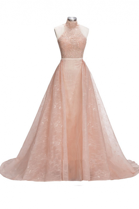 Illusion Unique Lace Sheath Puffy Sleeveless Popular High-neck Overskirt Prom Dress