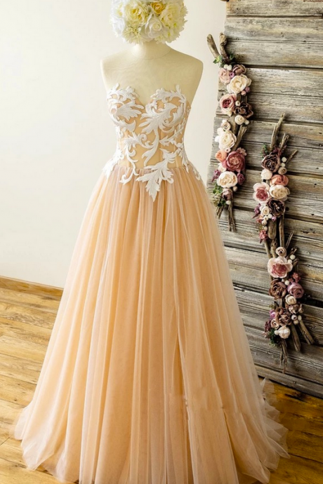 Sweetheart Champagne Tulle A Line Customize Long Prom Dress, Party Dress