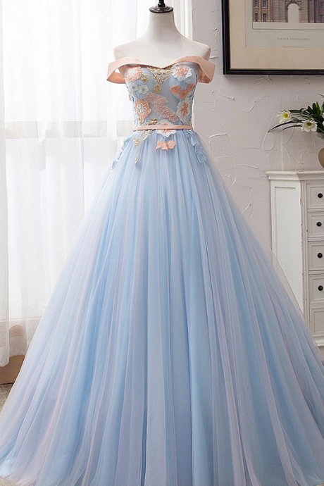 Light Blue Tulle Off Shoulder Long Senior Prom Dress With Applique