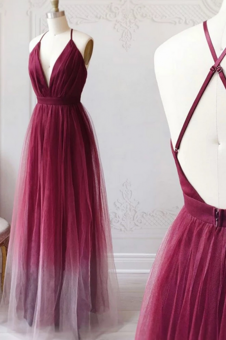 Simple Deep Red V Neck Open Back Long Prom Dress, Party Dress