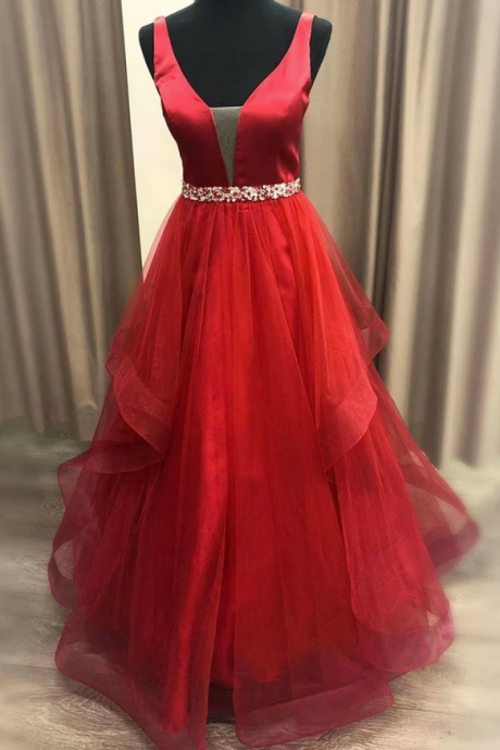 Red Satin Tulle V Neck Beaded Waistline Long Prom Dress, Evening Dress