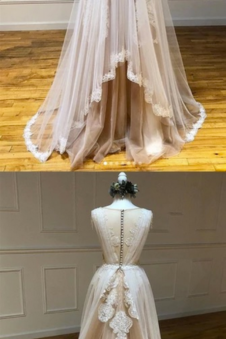 Light Champagne Tulle Round Neck Long Button Up Prom Dress, Formal Dress