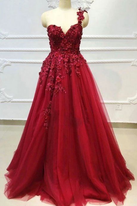 Sweetheart Burgundy Tulle Lace Long Prom Dress, Evening Dress