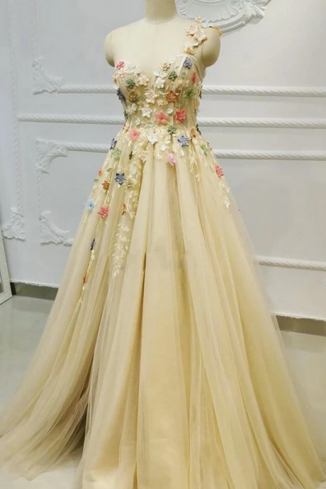 Champagne Tulle Lace One Shoulder Long Prom Dress With Applique