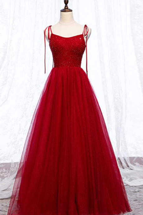 Unique Burgundy Tulle Crystal Beads Long A Line Prom Dress, Evening Dress