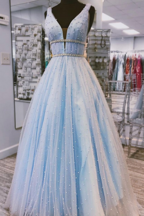 Light Blue Tulle V Neck Pearl Beaded Long Prom Dress, Evening Dress