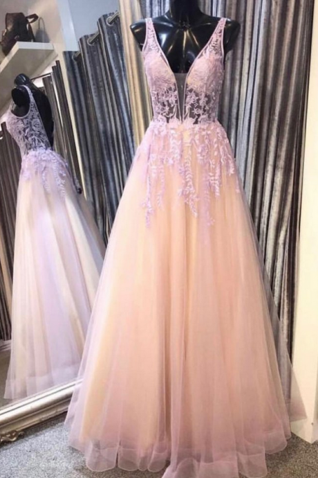 Pink Tulle V Neck Open Back Long Lace Prom Dress, Evening Dress