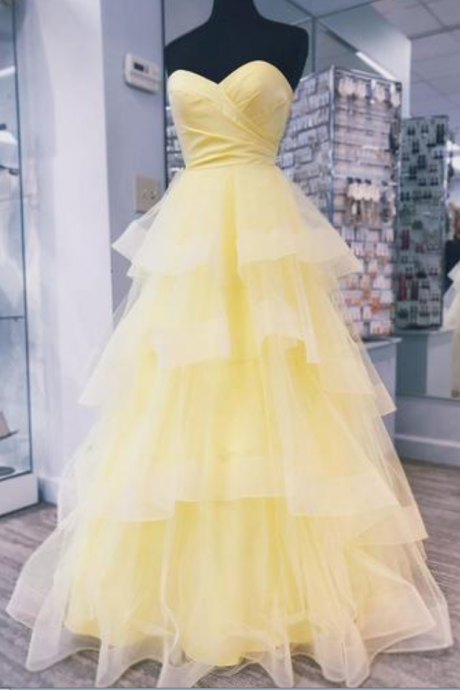 Yellow Tulle Strapless Long Layered Sweet 16 Prom Dress, Evening Dress