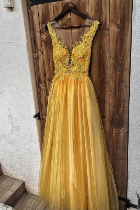 Yellow Tulle Lace Simple Floor Length Prom Dress,