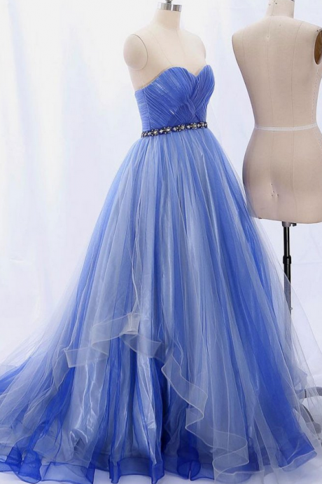 Sweetheart Neck Blue Lace Beaded Waistline Long Evening Dress, Formal Dress