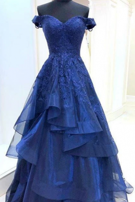 A Line Royal Blue Lace Appliques Sweetheart Beads Long Prom Dresses With Tulle