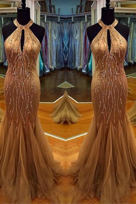 Charming Prom Dress,Halter Prom Dress,Beading Prom Dress,Tulle Prom Dress,Mermaid Evening Dress,