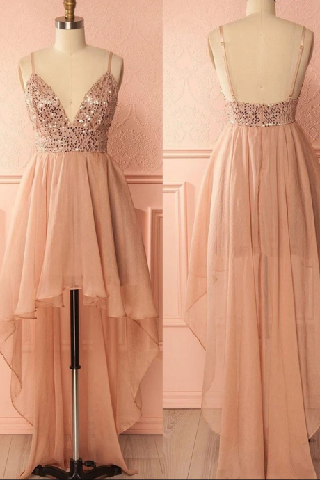A-line/princess Prom Homecoming Dresses Short Pink Dresses With Backless Sequin High-low Enticing Prom Dresses