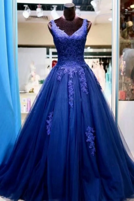 Prom Dress,tulle Evening Dresses,appliques Prom Dresses,v-neck Prom Gown