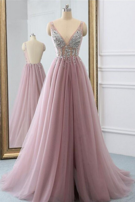 Rhinestones Luxurious Pink Sexy Front Split Real Image Sparkly Backless Tulle V Neck Evening Dresses Draped Crystal Beaded Formal Party Gown