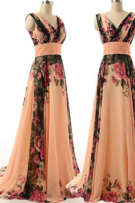 Print Evening Dress Elegant Formal V Neck Spaghetti Strap A Line With Train Long Chiffon Formal Print Prom Dress