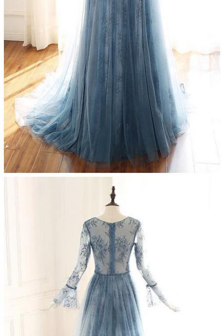 Blue Tulle Lace Long Sleeve Prom Dress, Blue Bridesmaid Dress