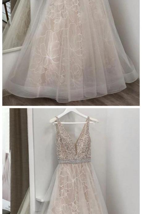 Light Champagne Tulle Beads Long Prom Dress, Tulle Evening Dress
