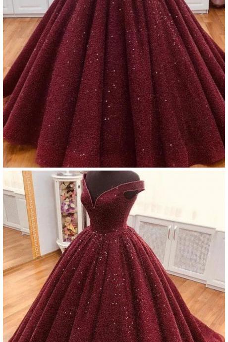 Burgundy Tulle Sequin Long Prom Dress, Burgundy Long Evening Dress