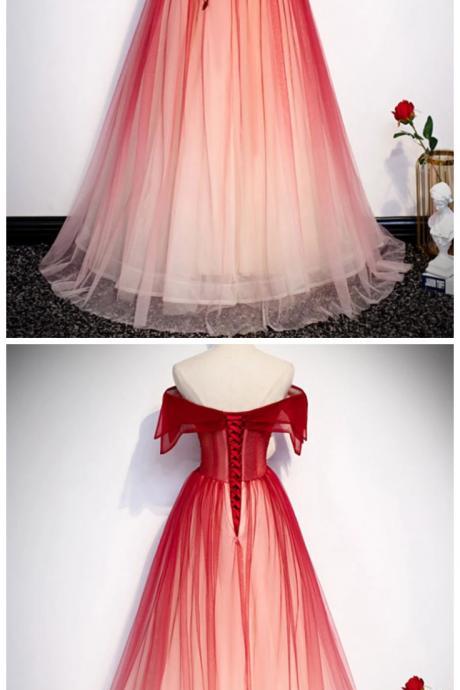 Lace Off The Shoulder Burgundy Tulle Prom Dress, Evening Dress