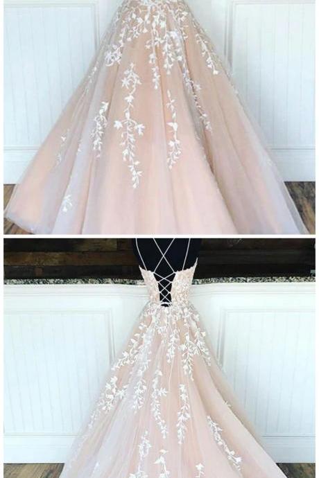 Champagne Tulle Lace Long Prom Dress, Evening Dress